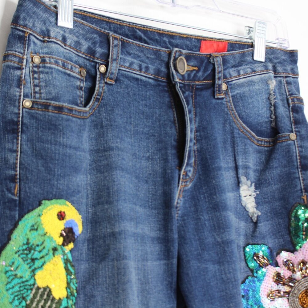 V. Cristina Parrot Floral Embellished Denim Jeans Size 4 - Picture 3 of 9